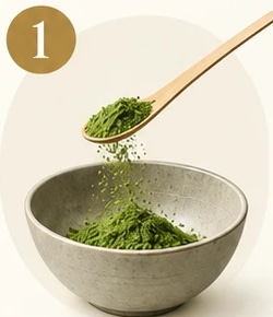 Adding matcha to a bowl with a bamboo scoop