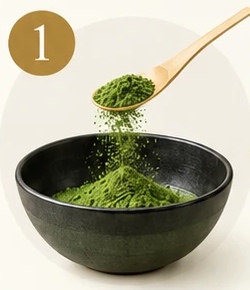 Adding matcha to a bowl with a bamboo scoop
